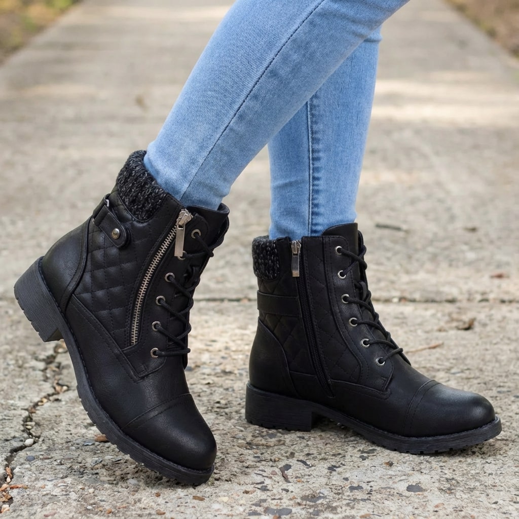 Bottines montantes à lacets pour femmes avec revers tricoté