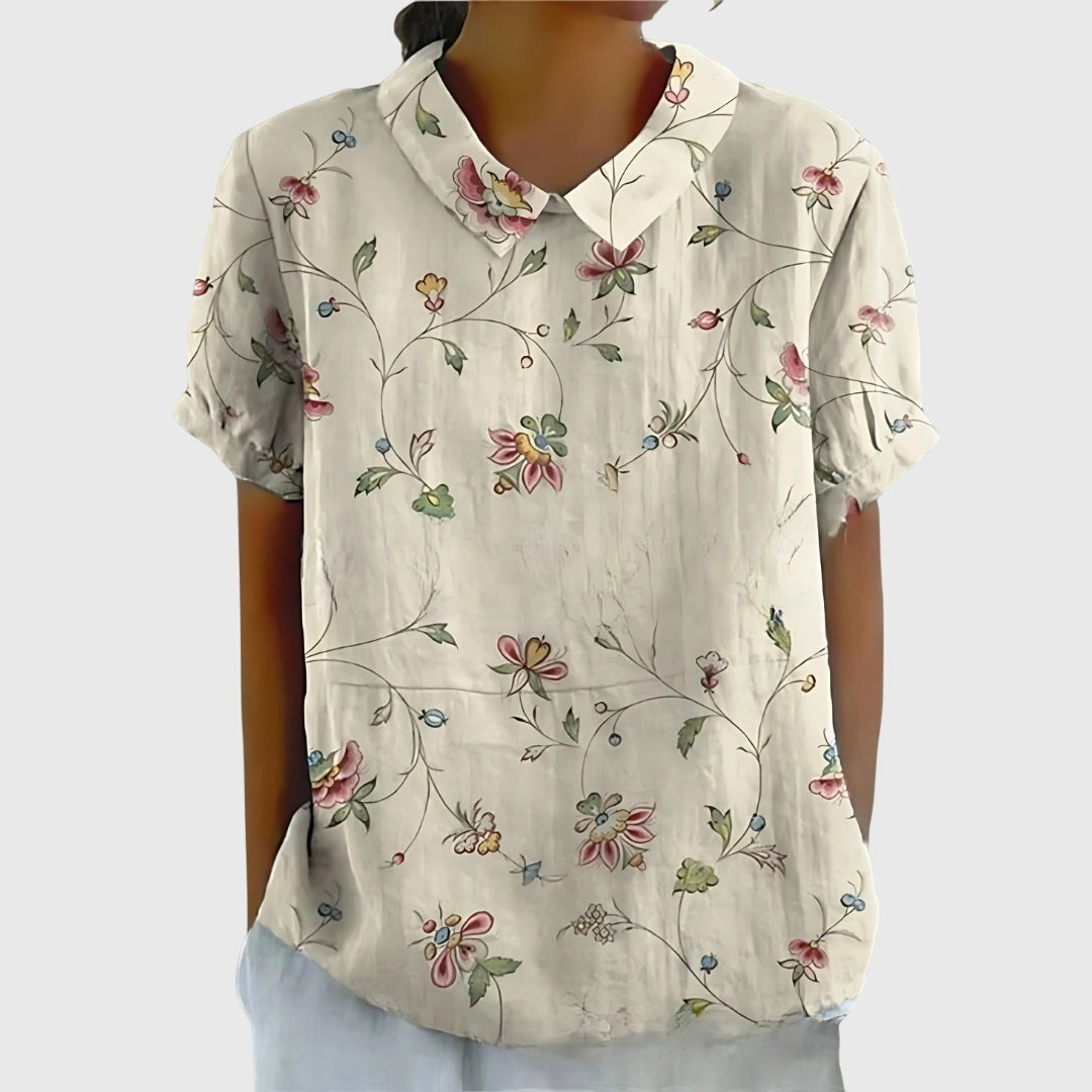 Floral Print Blouse with Collar and Short Sleeves