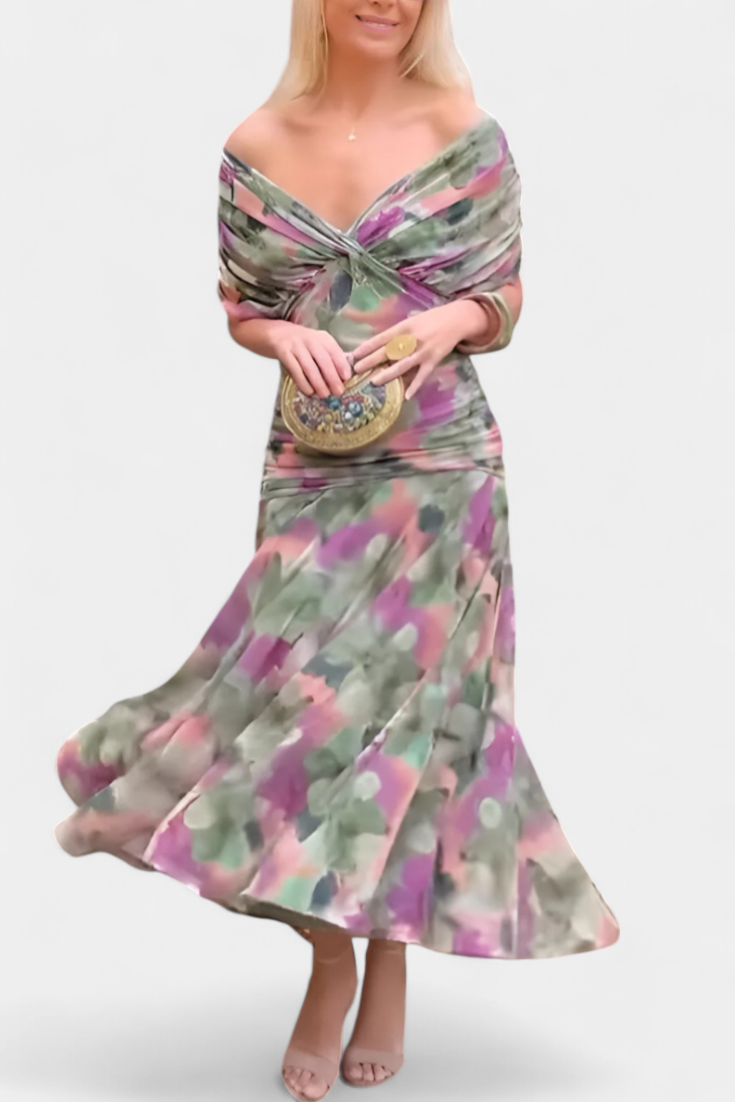 Off-Shoulder Midi Dress with Ruched Bodice