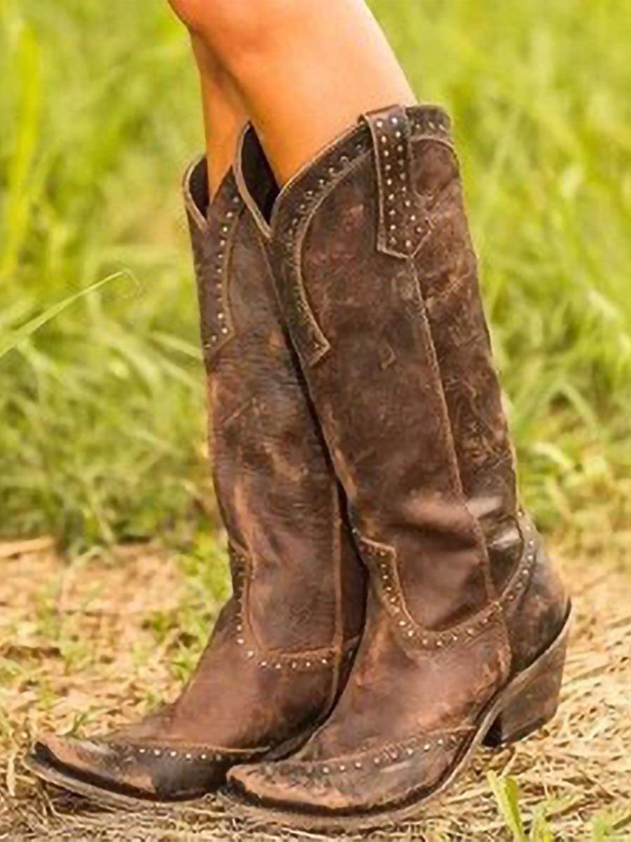 Bottes de cowboy montant jusqu'au genou pour femme | Bottes western en daim cloutées