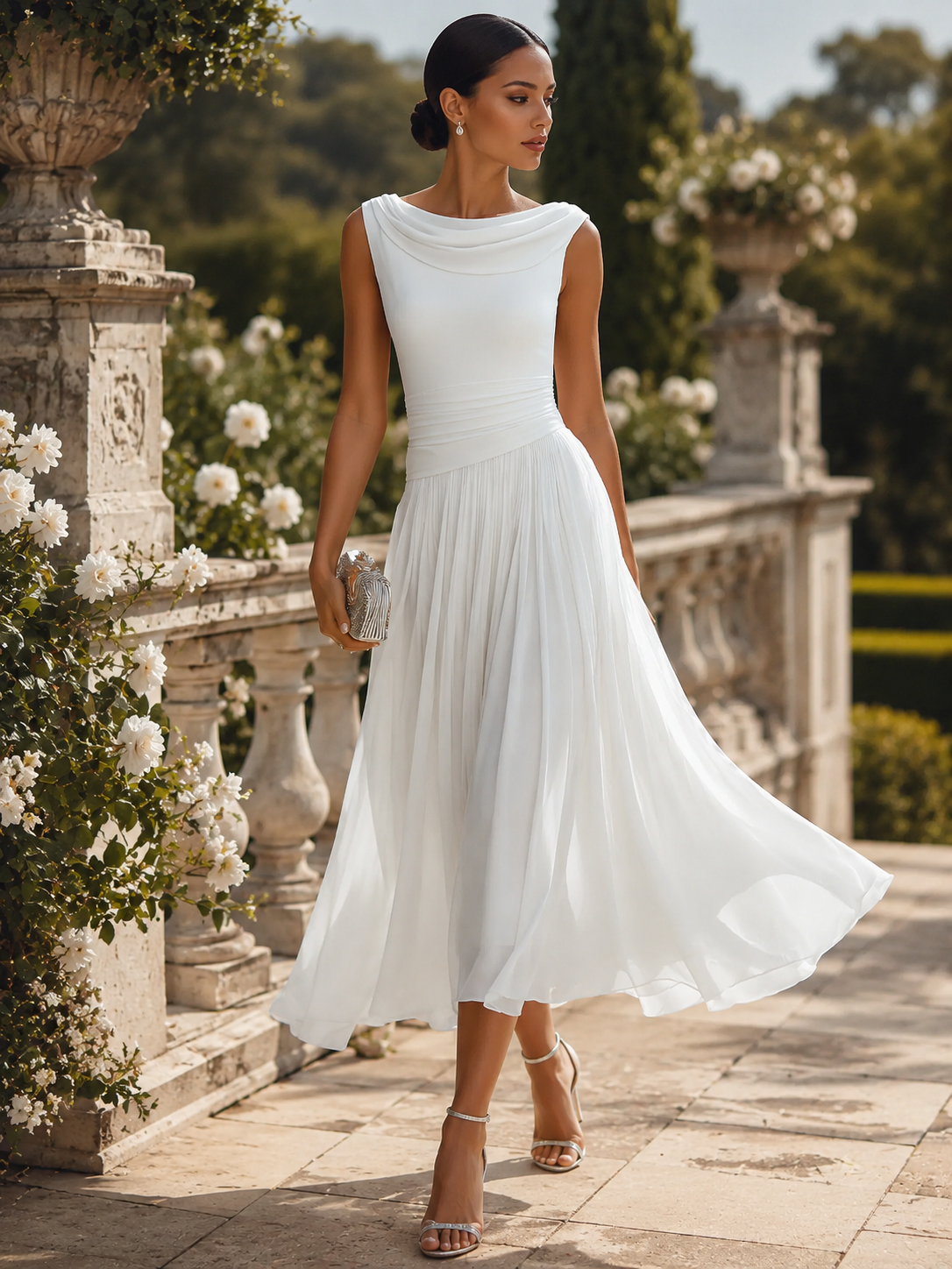Chiffon Midi Dress with Draped Cowl Neckline