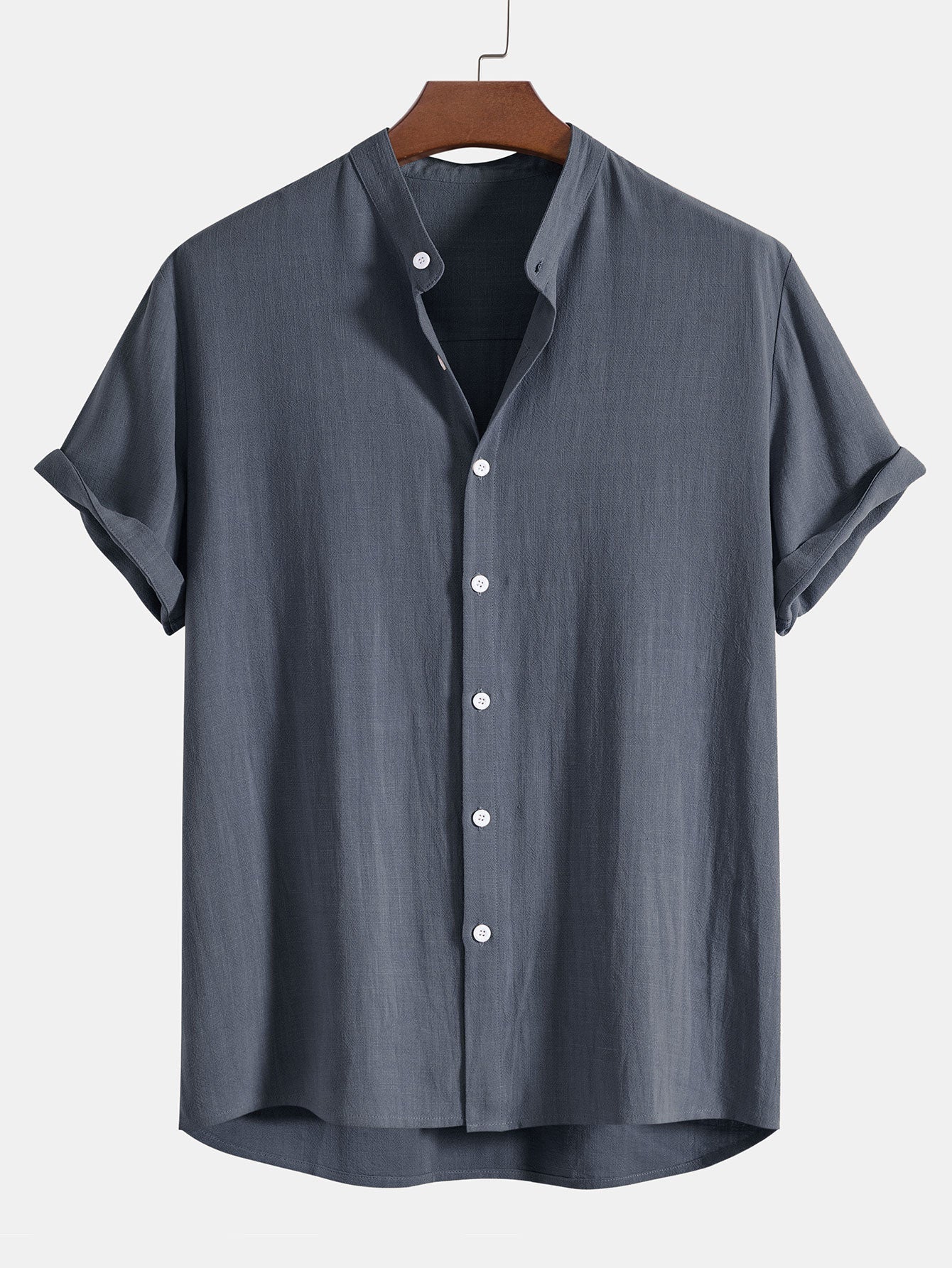 Men's Linen Blend Grandad Collar Short Sleeve Shirt