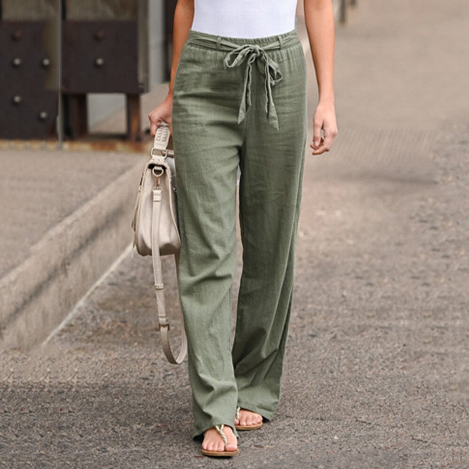 Women's Relaxed Fit Linen Trousers with Tie Waist