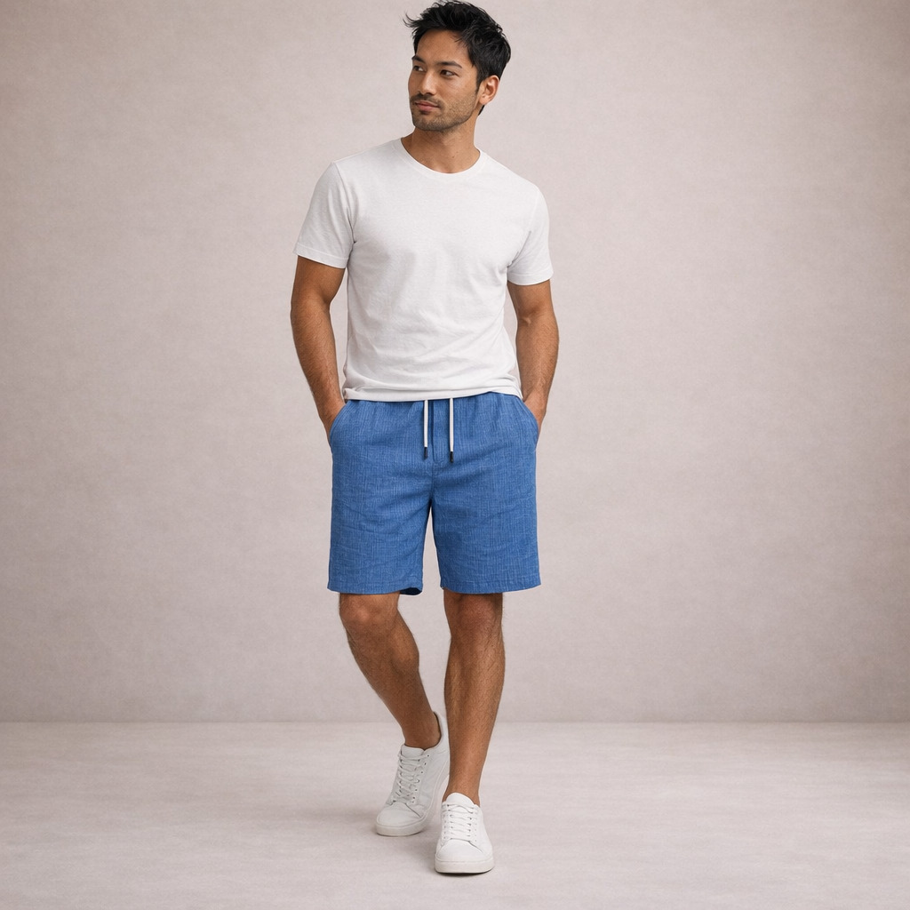 Linen-Blend Drawstring Shorts with Striped Texture