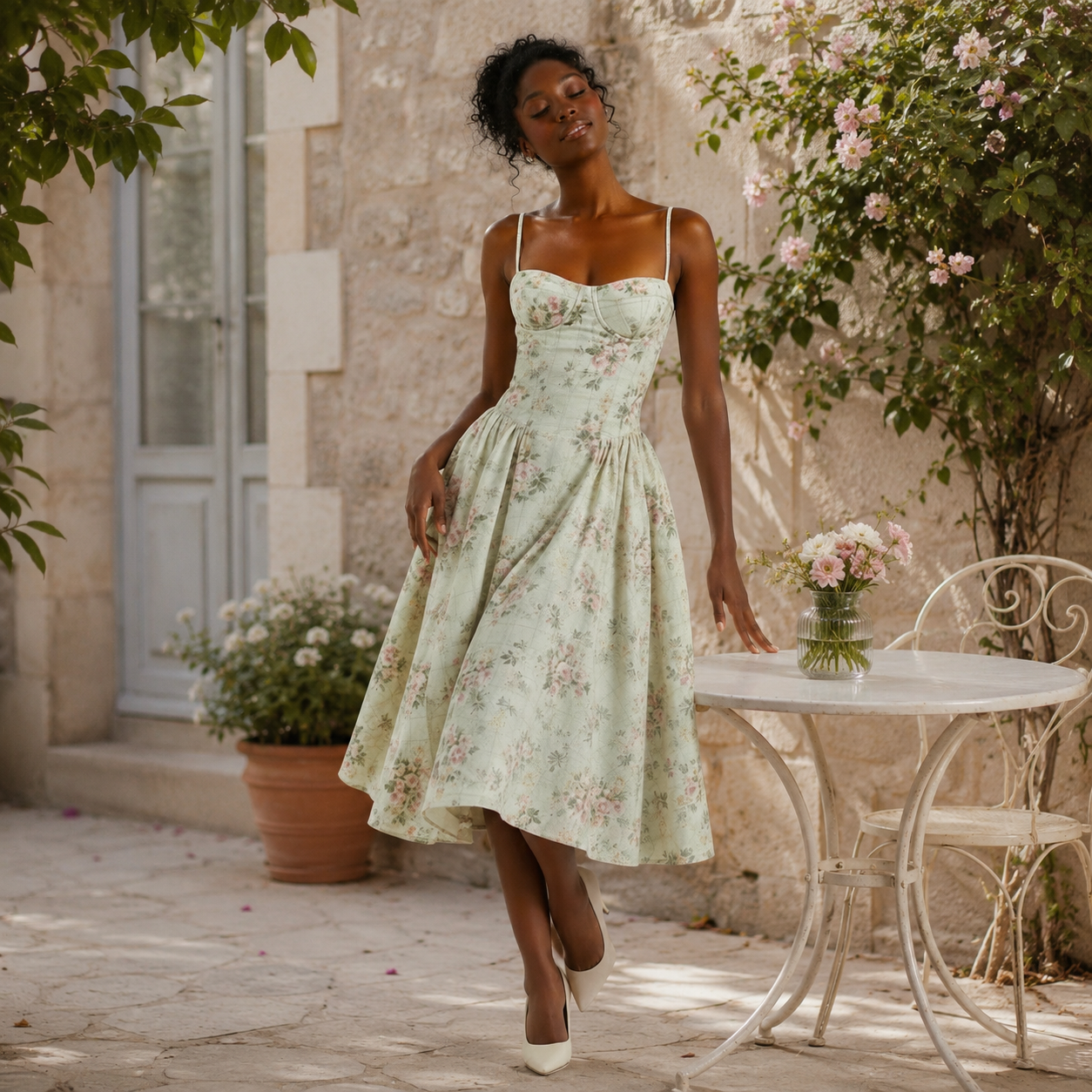 Corset Midi Dress in Cotton with Pleated Full Skirt
