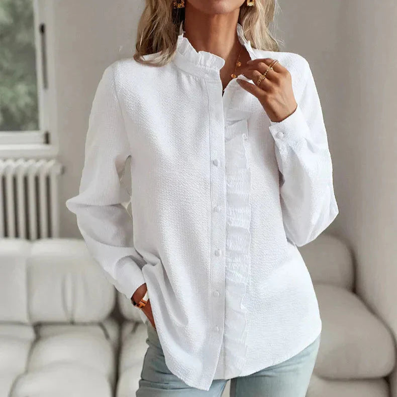 Women's Ribbed Blouse with Ruffle Trim Placket