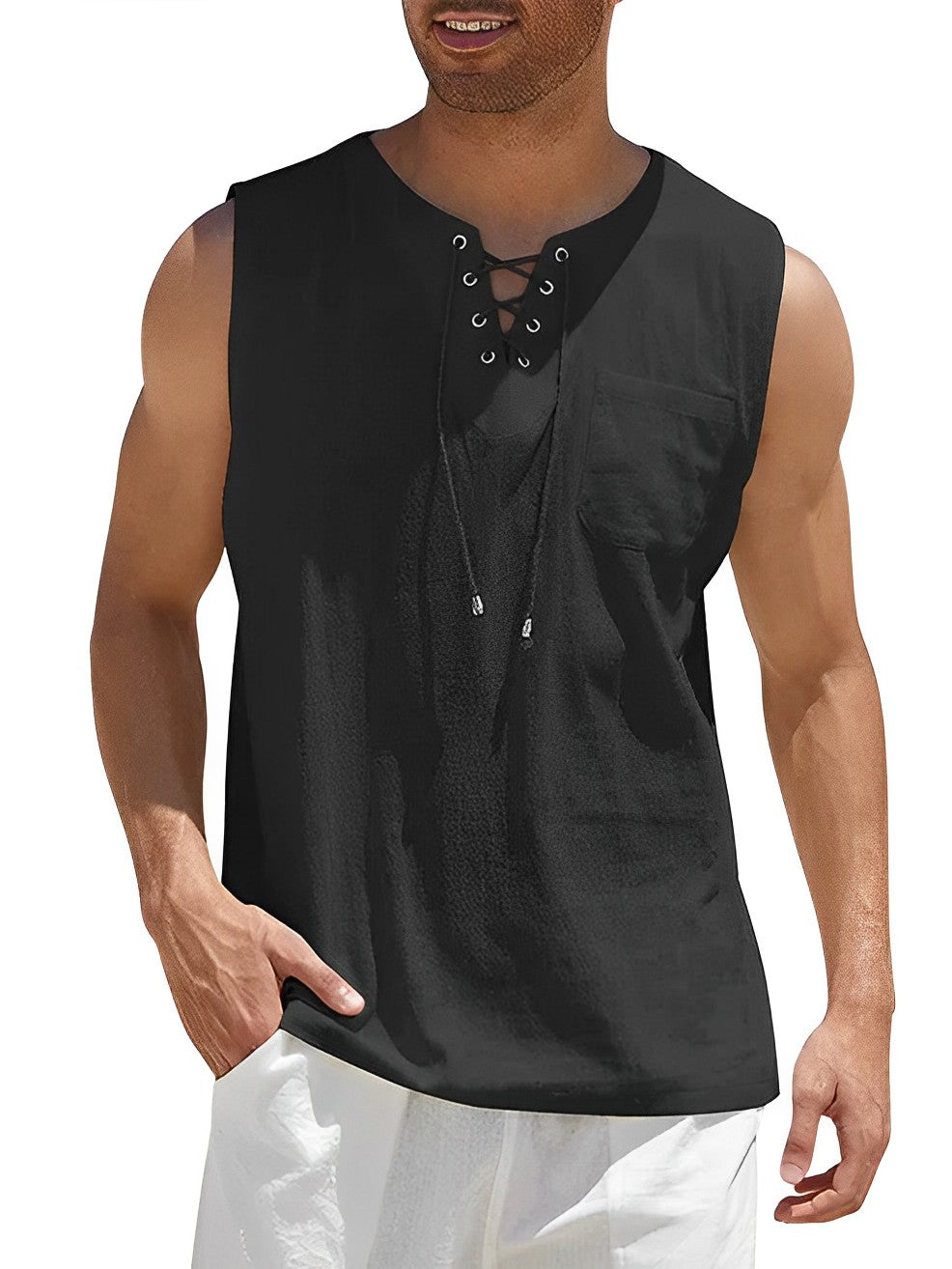 Lace-Up Tank Top with Chest Pocket
