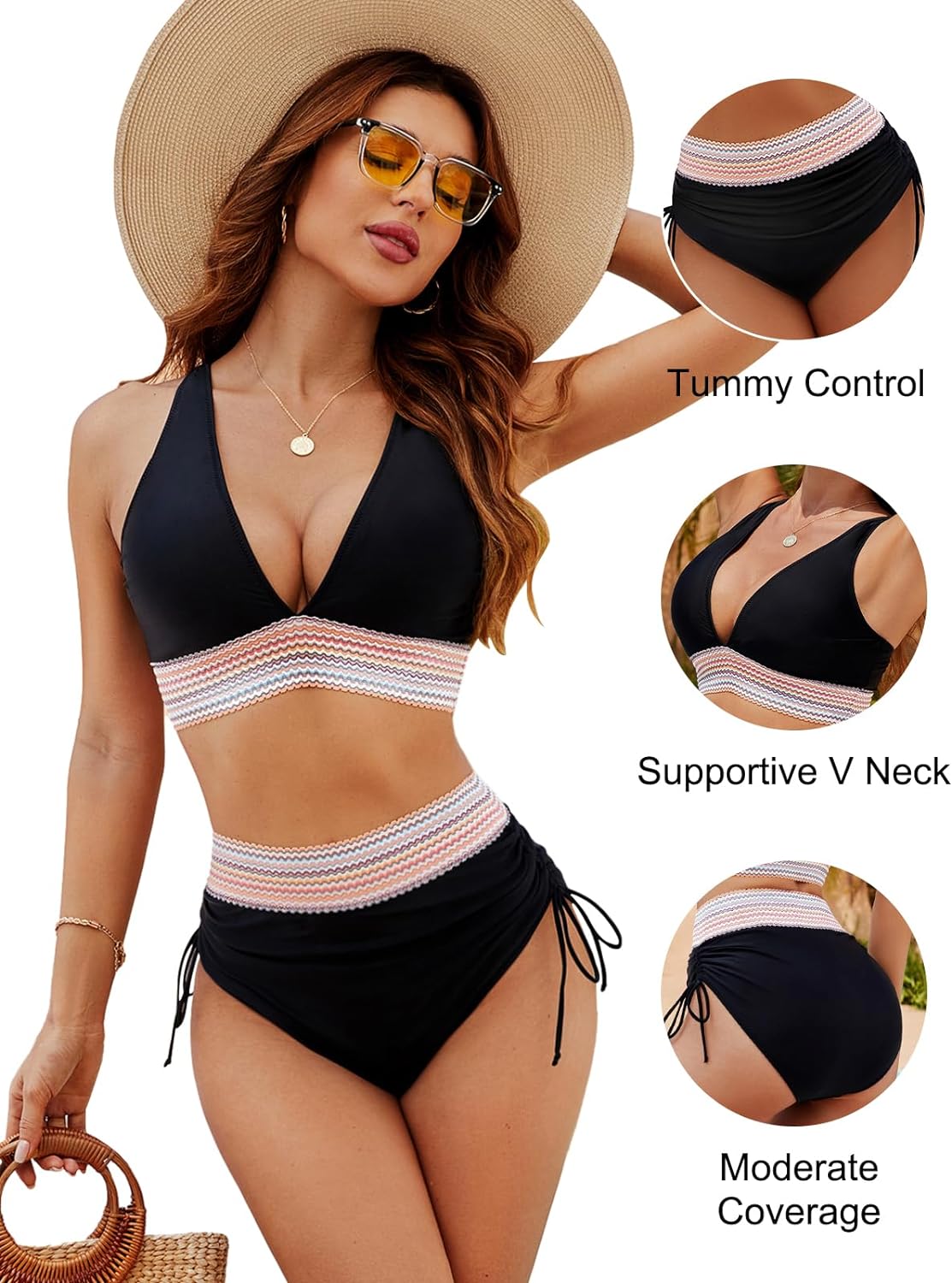 High-Waist Bikini Set with Striped Trim and Halter Neck