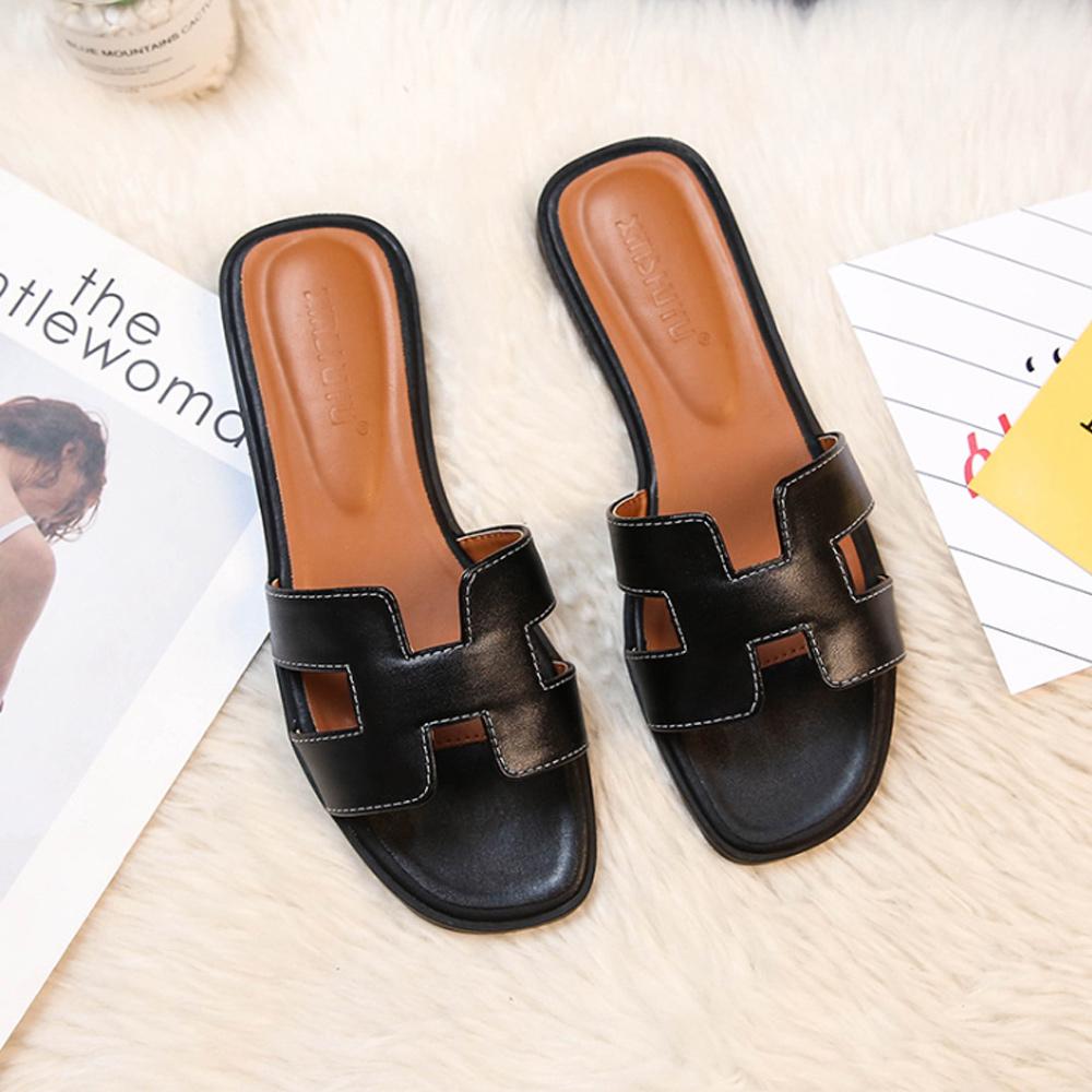 Leather Slide Sandals with Cutout Strap Design