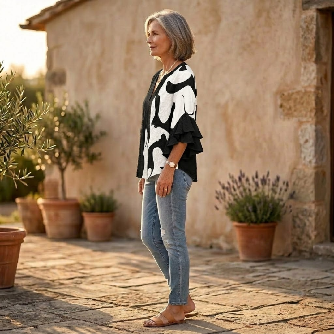 Ruffle-Sleeve Blouse with V-Neck Design