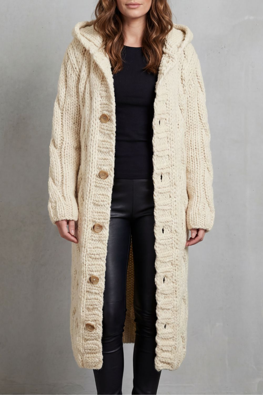 Gilet à capuche long pour femme, en maille épaisse