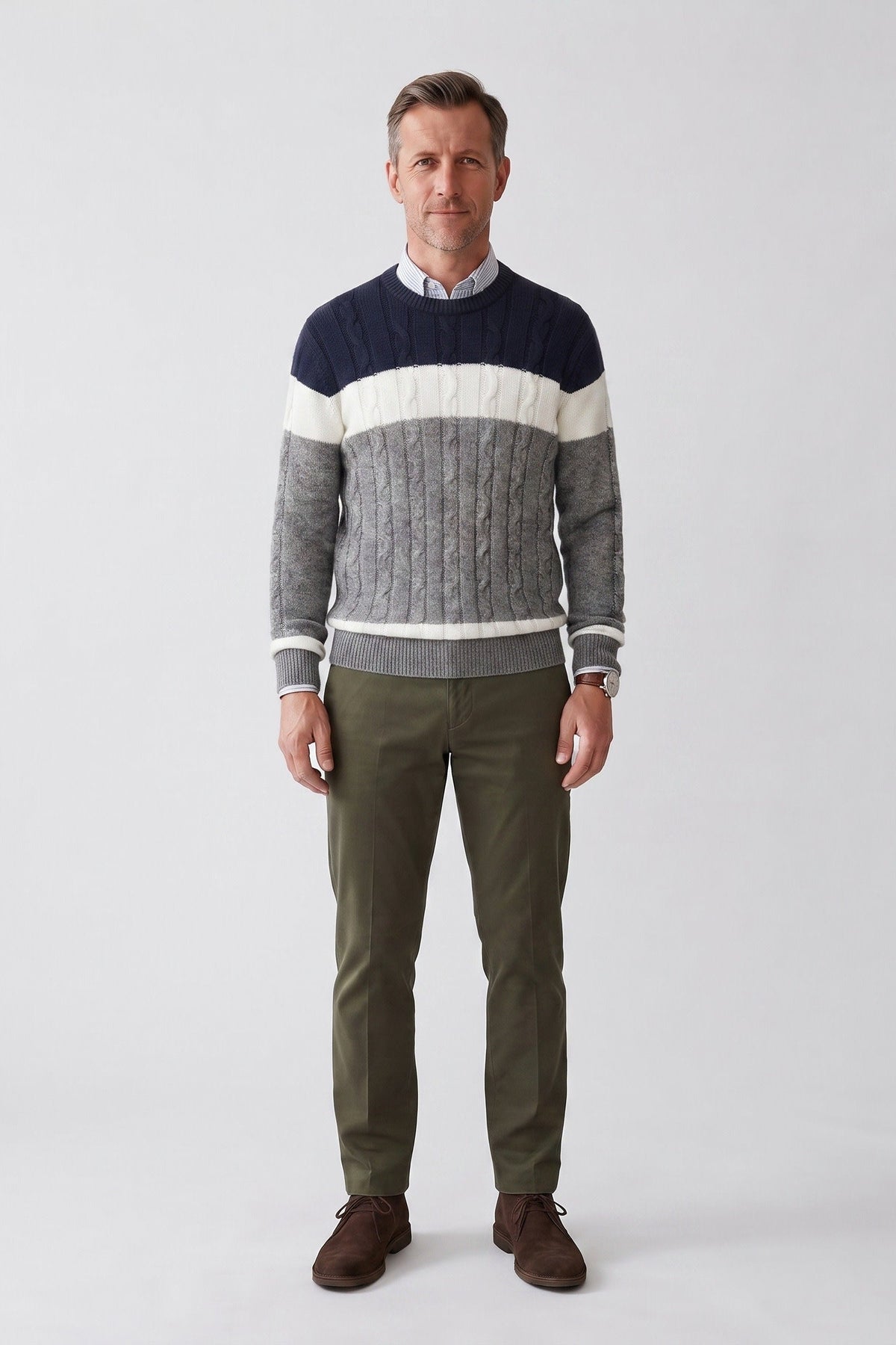 Pull en maille torsadée pour homme | Col rond à empiècements color-block