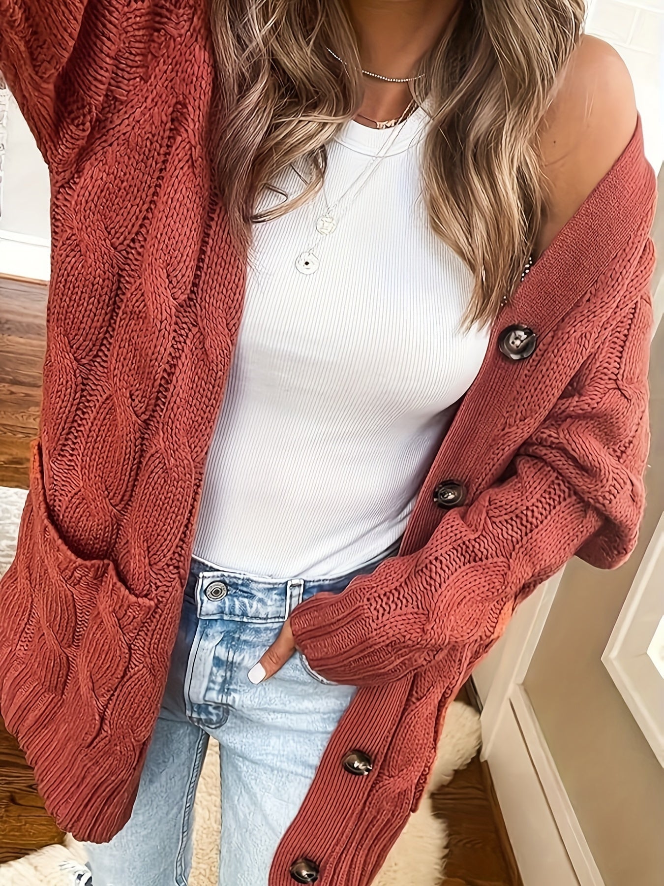 Women’s Cable Knit Longline Cardigan with Pockets