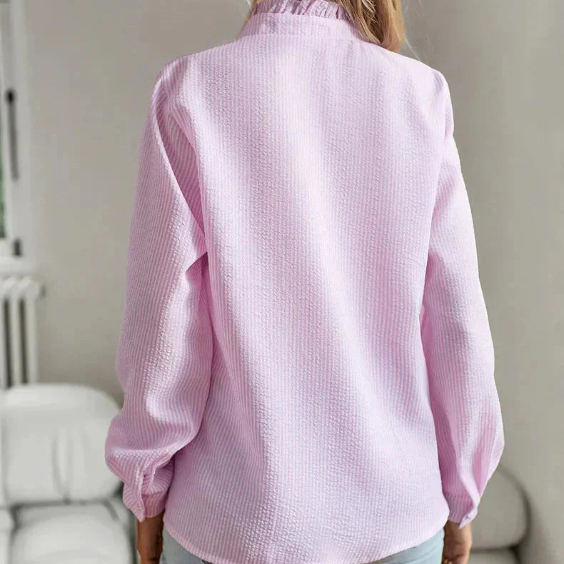 Women's Ribbed Blouse with Ruffle Trim Placket