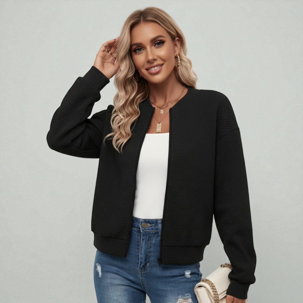 Quilted Bomber Jacket with Zip Front and Ribbed Hem