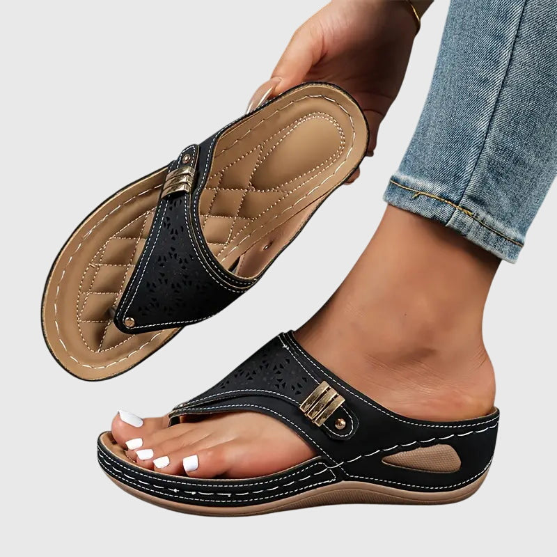 Toe-Post Wedge Sandals with Buckle Strap