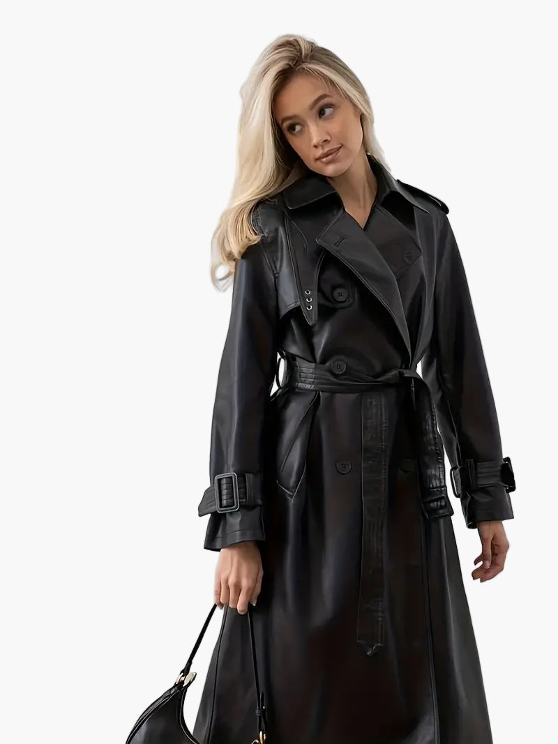 Trench-coat en similicuir pour femme avec ceinture