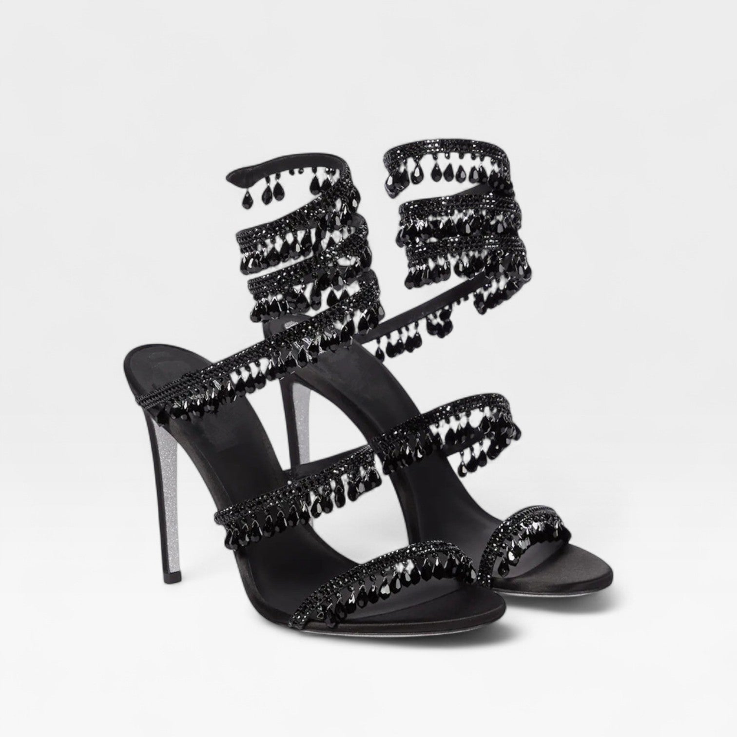 Stiletto Sandals with Spiral Wrap and Fringe Beading