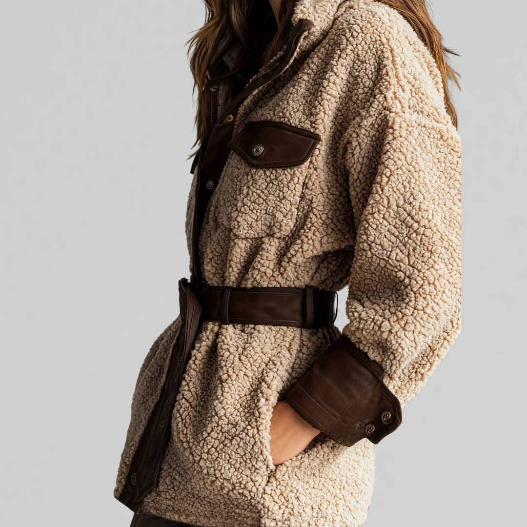 Manteau en polaire teddy pour femme | Veste courte boutonnée sur le devant avec ceinture