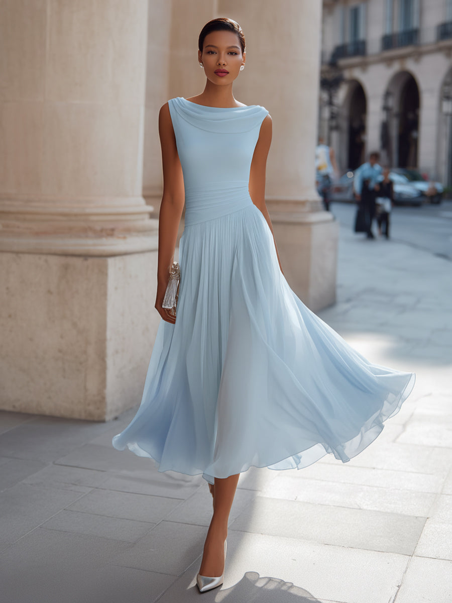 Chiffon Midi Dress with Draped Cowl Neckline