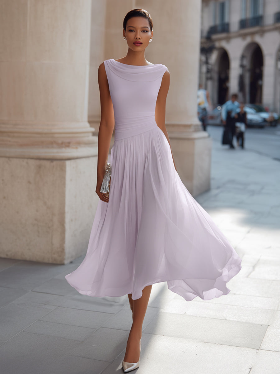 Chiffon Midi Dress with Draped Cowl Neckline