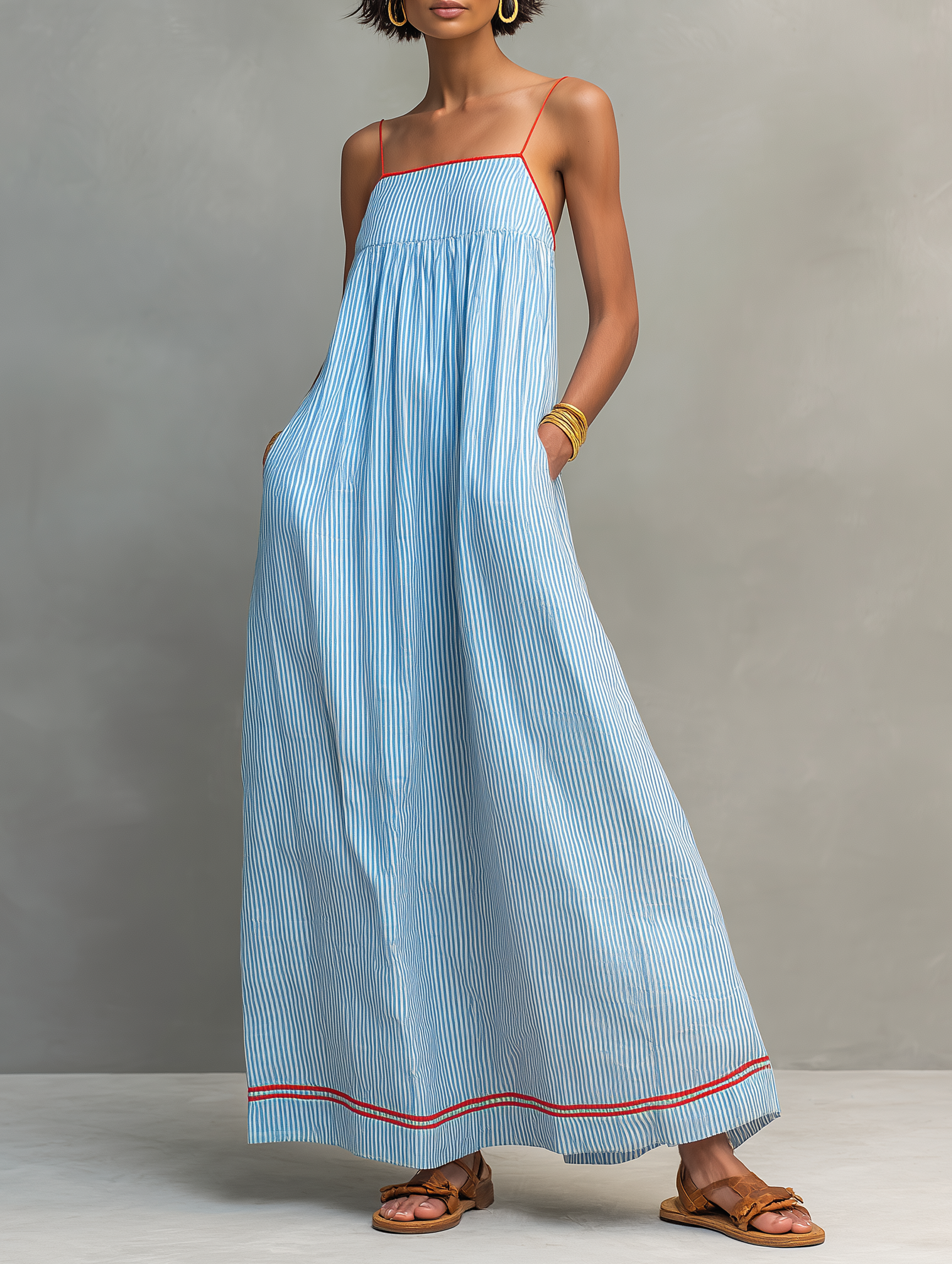 Striped Cami Maxi Dress with Contrast Trim