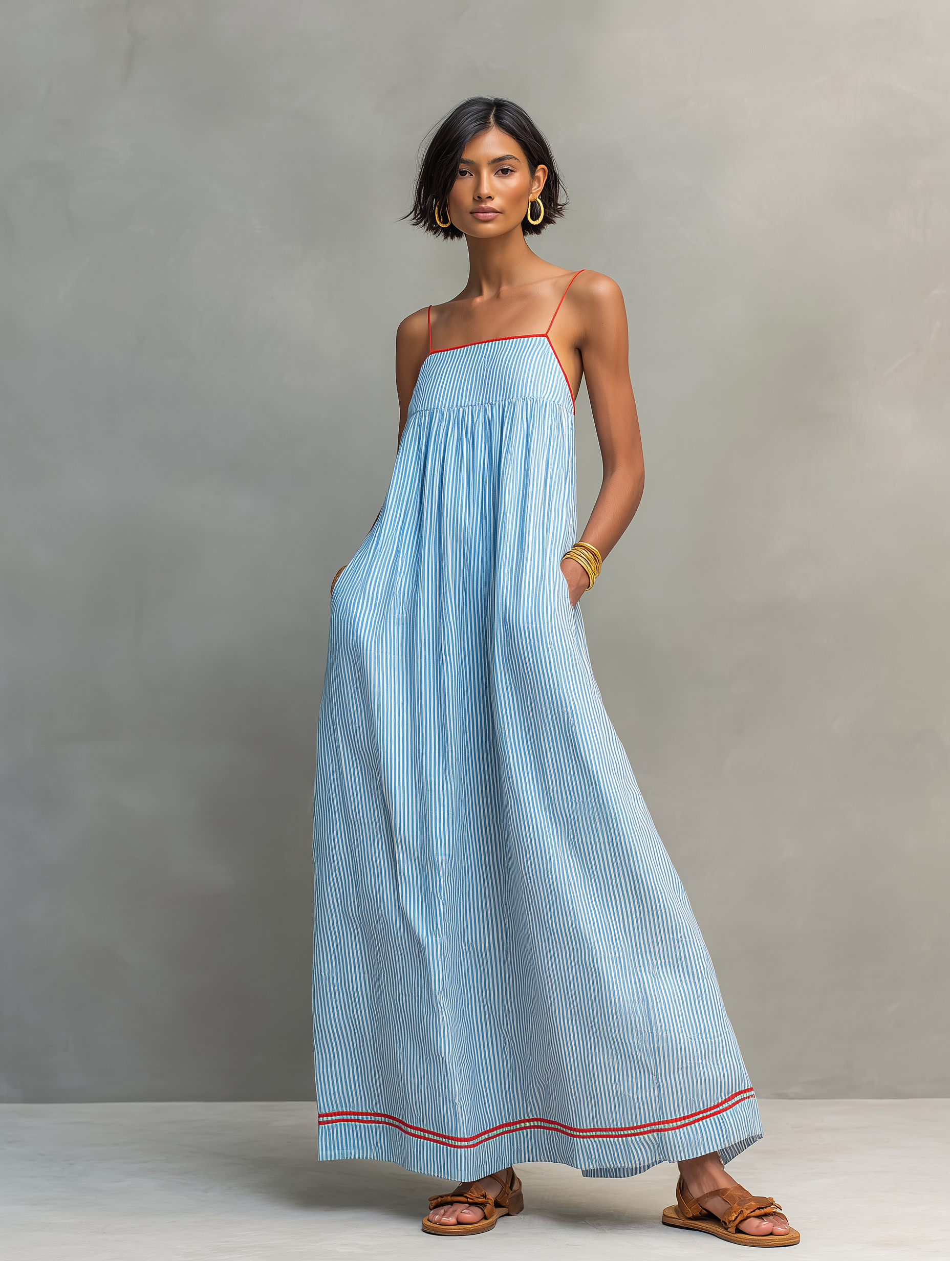 Striped Cami Maxi Dress with Contrast Trim
