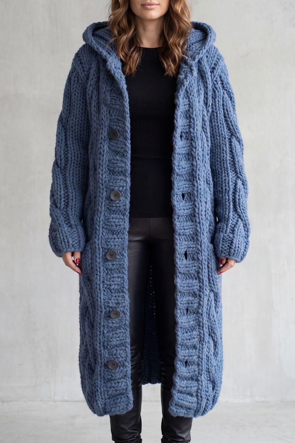 Gilet à capuche long pour femme, en maille épaisse