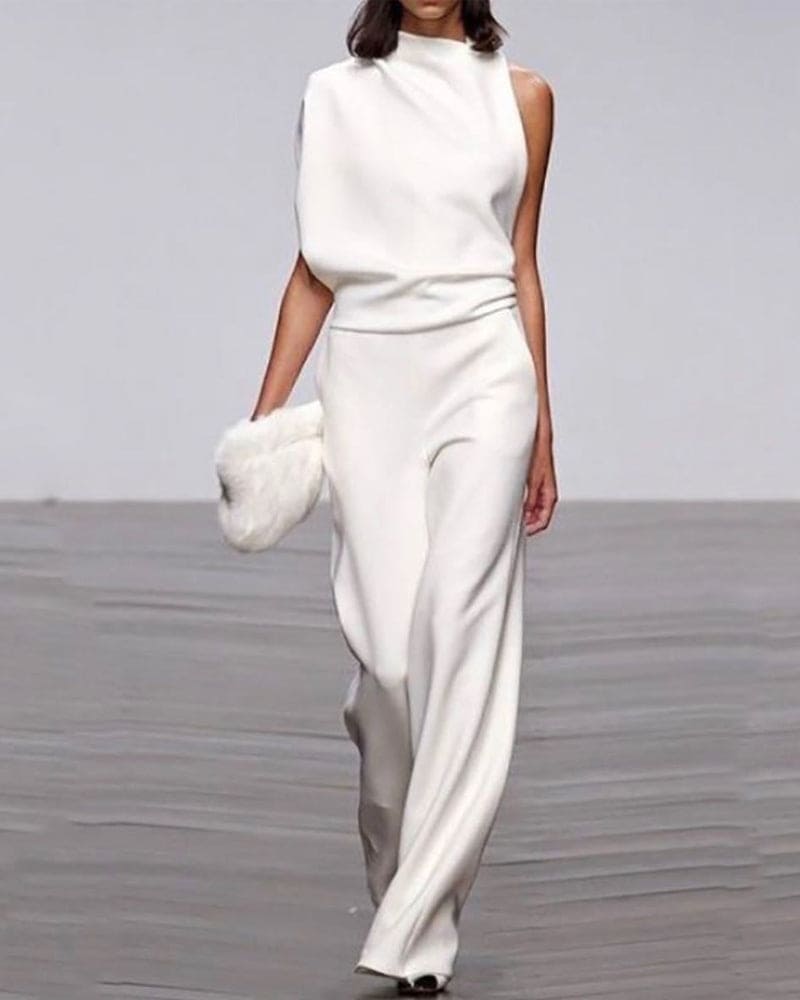 One-Shoulder Wide-Leg Jumpsuit with Draped Neckline