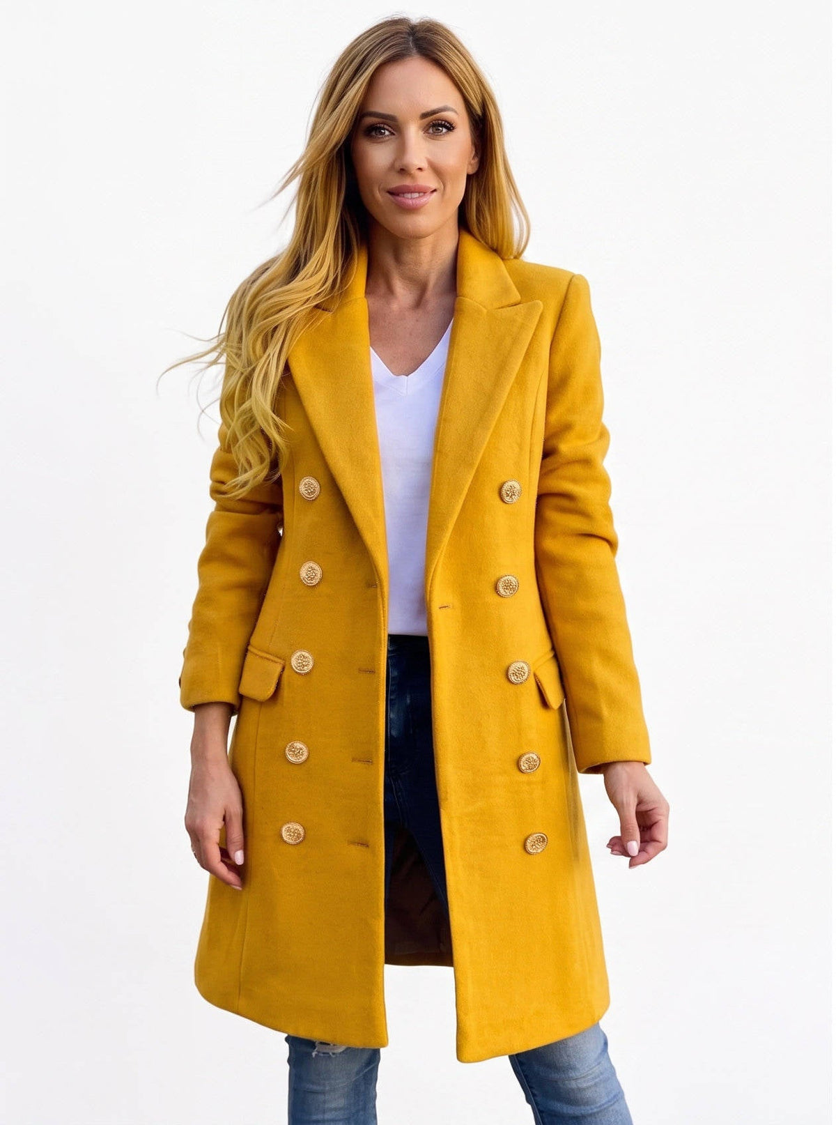 Women's Double Breasted Wool Coat | Midi Length Peacoat
