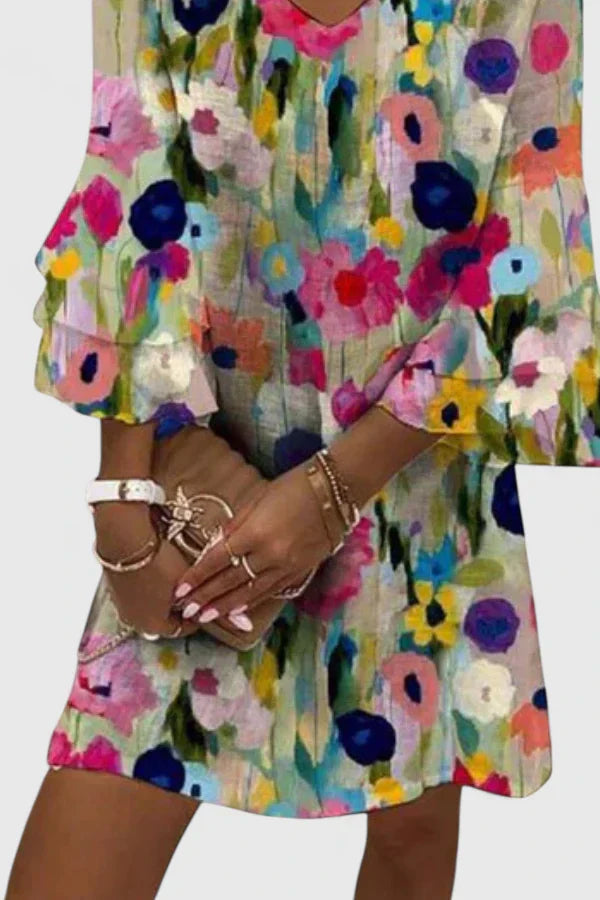 Floral Print Shift Dress with Bell Sleeves