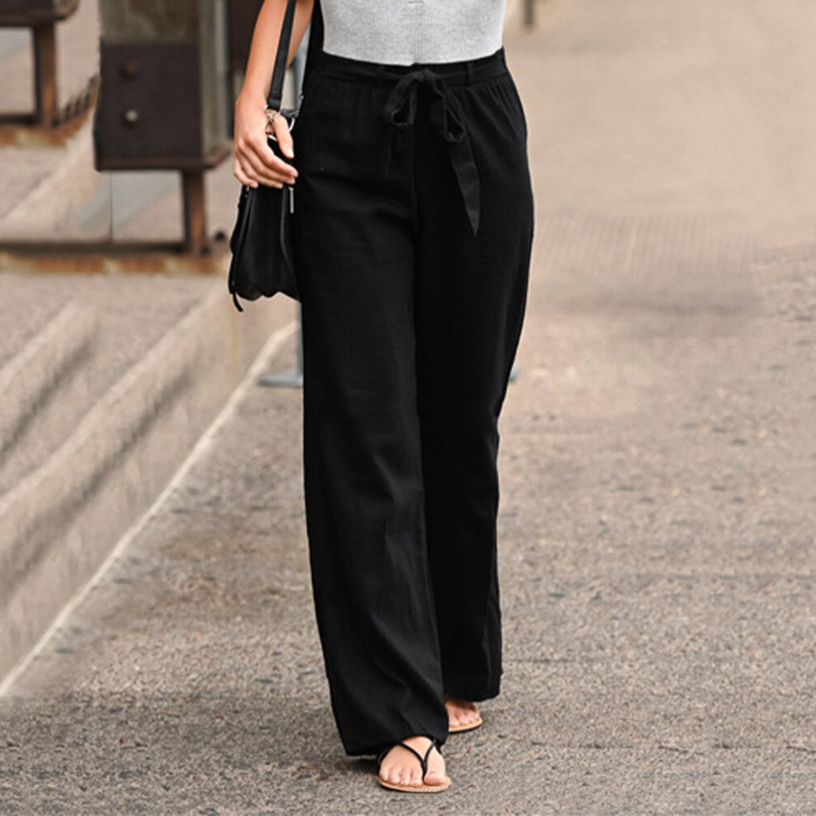 Women's Relaxed Fit Linen Trousers with Tie Waist
