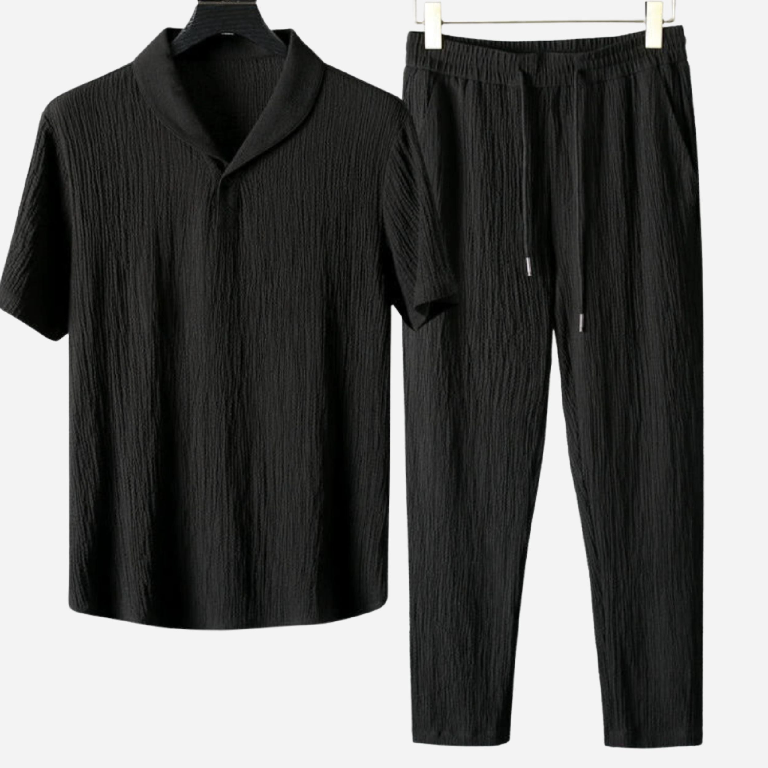 Textured Lounge Set with Camp Collar and Drawstring Waist
