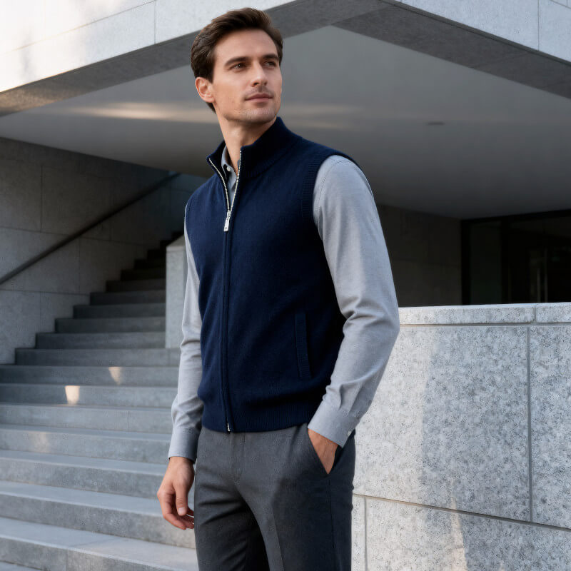 Men's Full-Zip Knitted Gilet with Stand Collar
