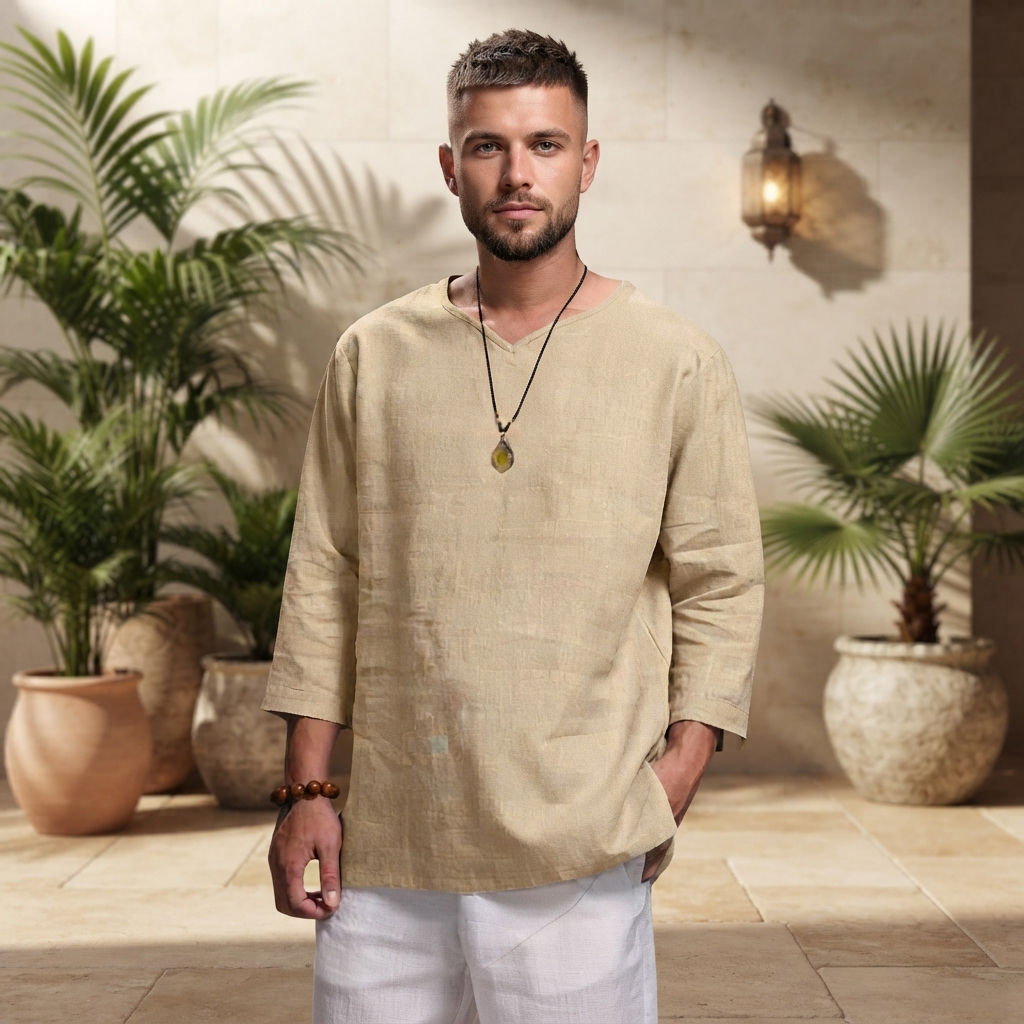 Chemise homme à col en V, coupe décontractée et manches trois-quarts