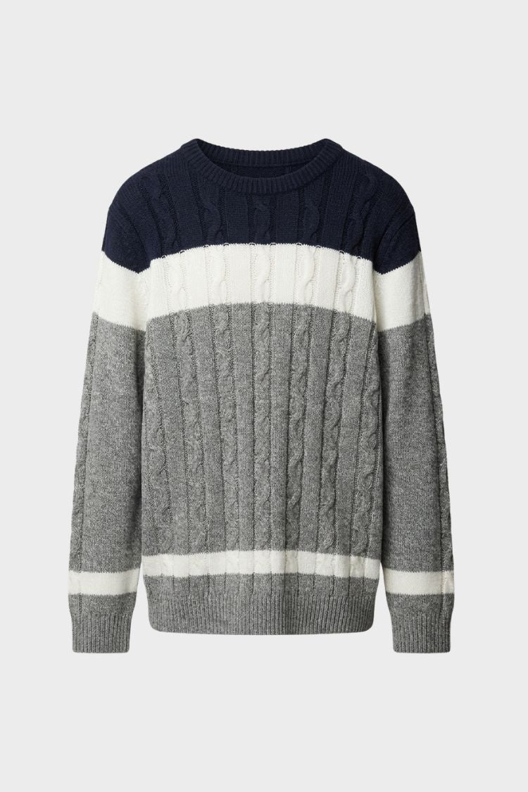 Pull en maille torsadée pour homme | Col rond à empiècements color-block