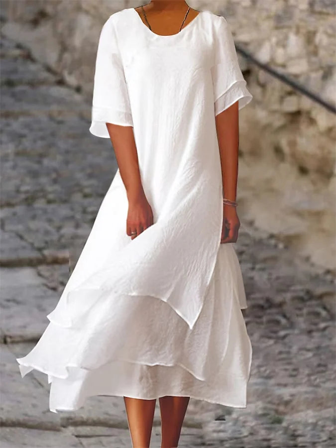 Loose Midi Dress with Tiered Ruffle Hem