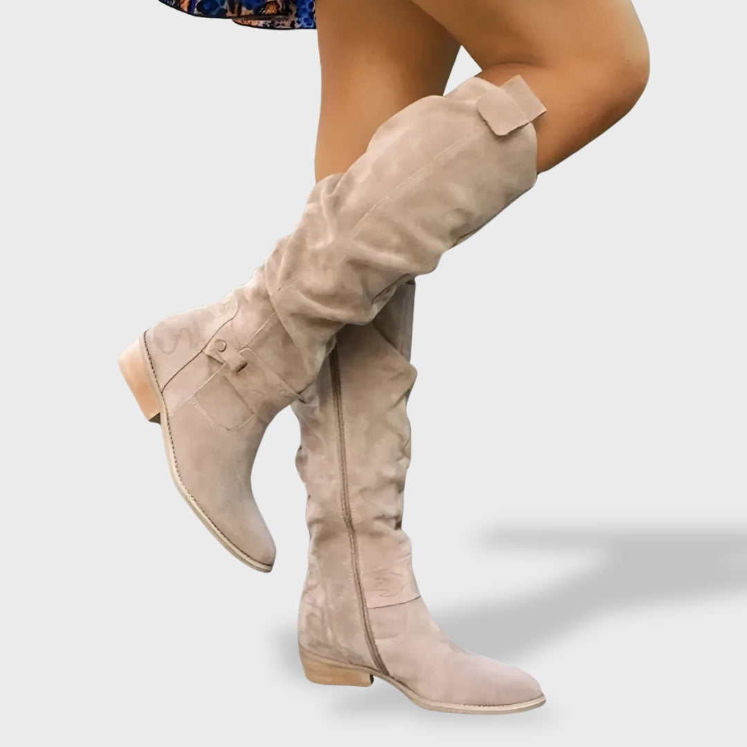Bottes montantes jusqu’au genou pour femme, effet froissé et talon bas