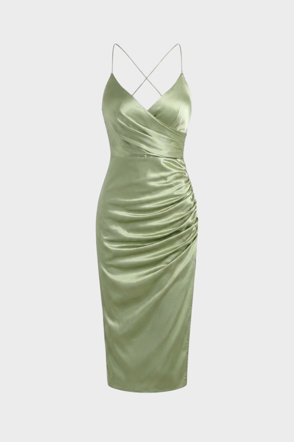 Satin Midi Dress with Ruched Side and Crossed Straps
