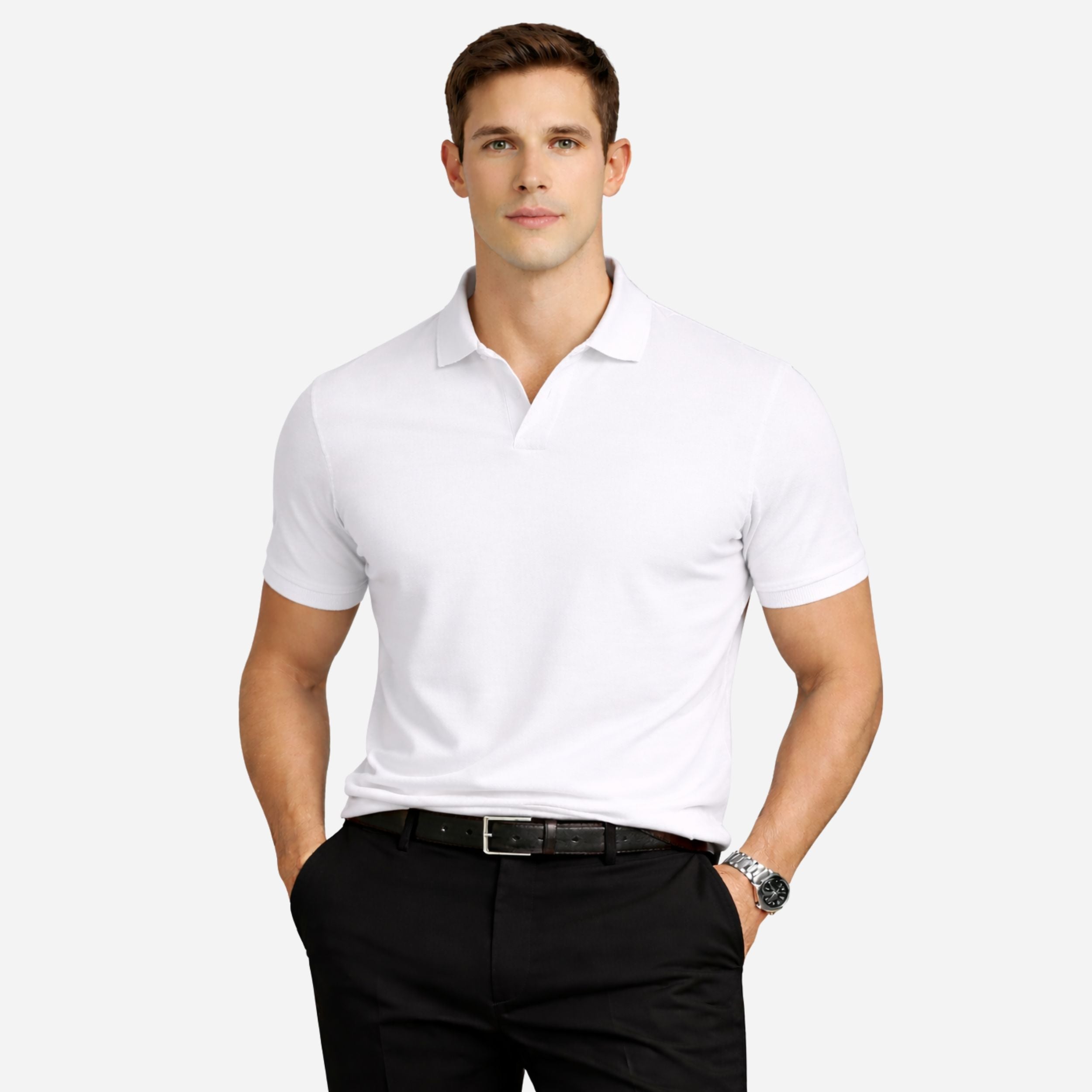 Cotton Polo Shirt with Ribbed Collar and Short Sleeves