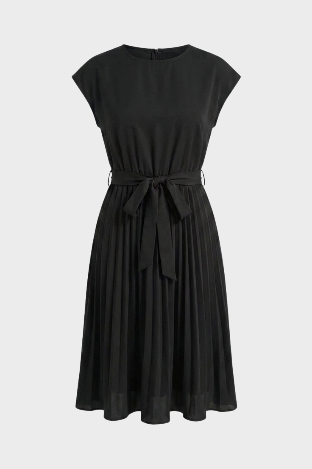 Pleated Midi Dress with Cap Sleeves and Tie Waist