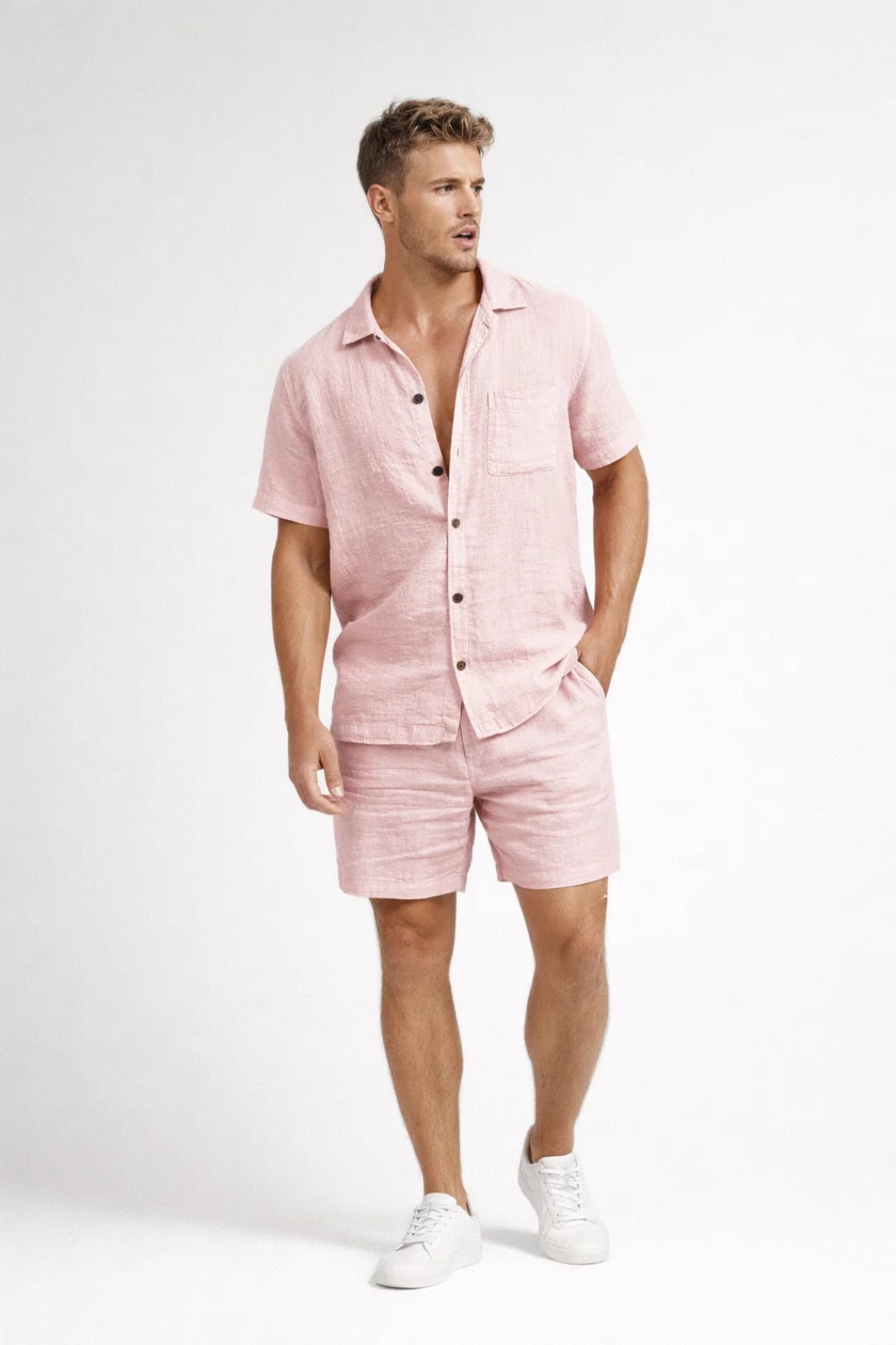 Linen Shirt and Shorts Set with Chest Pocket