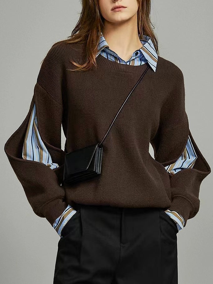 Women's Ribbed Knit Sweater | Layered Collar Detail
