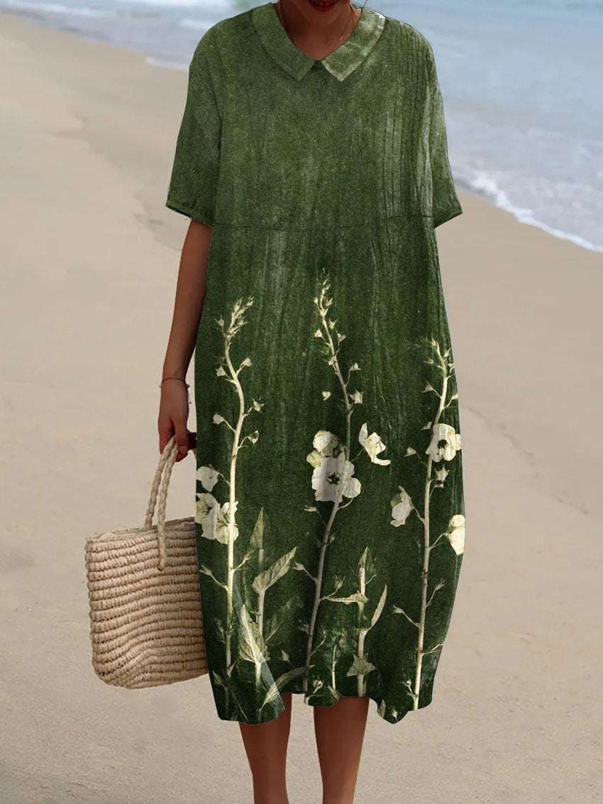 Floral Print Relaxed Fit Midi Dress with V-Neck