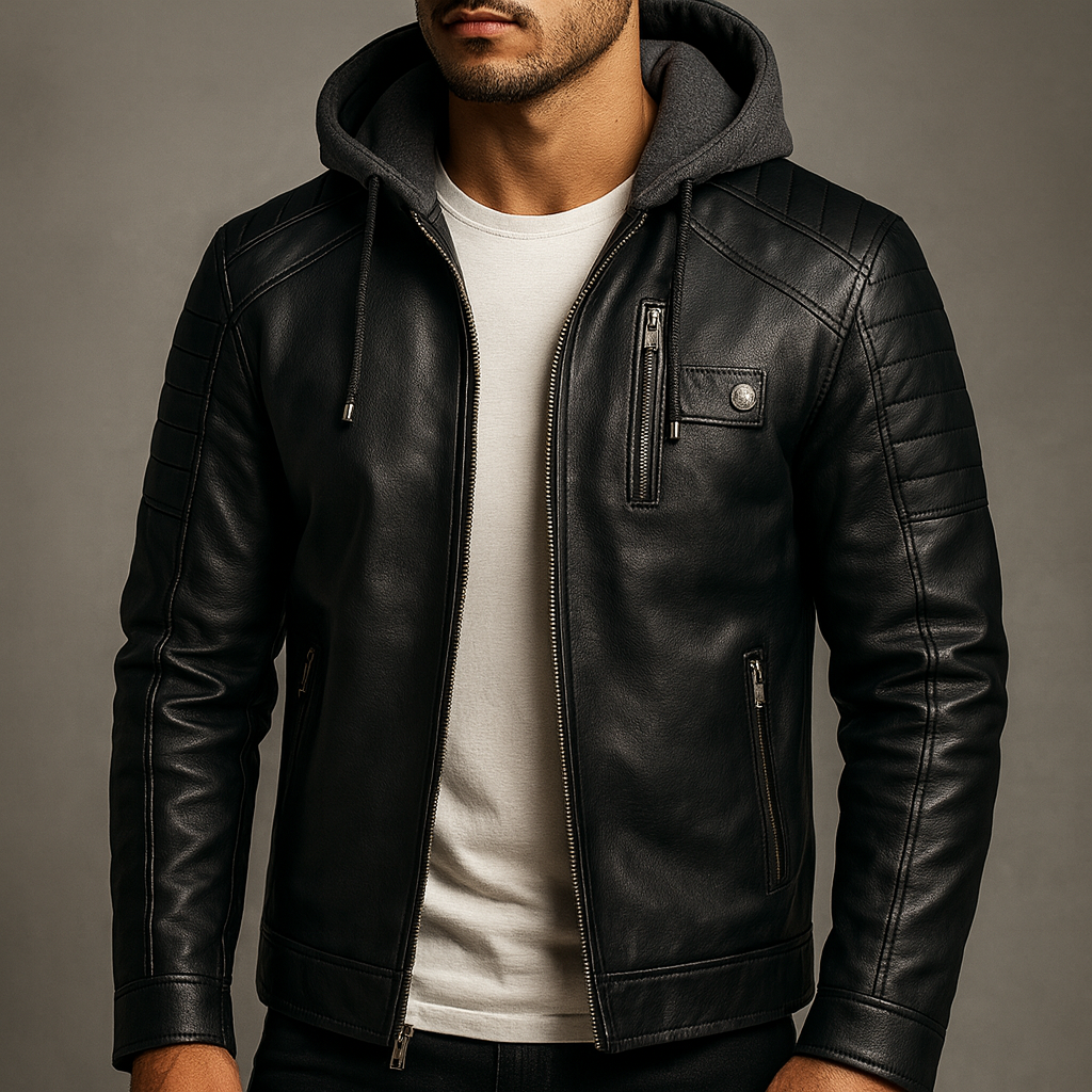 Veste biker à capuche pour homme imitation cuir