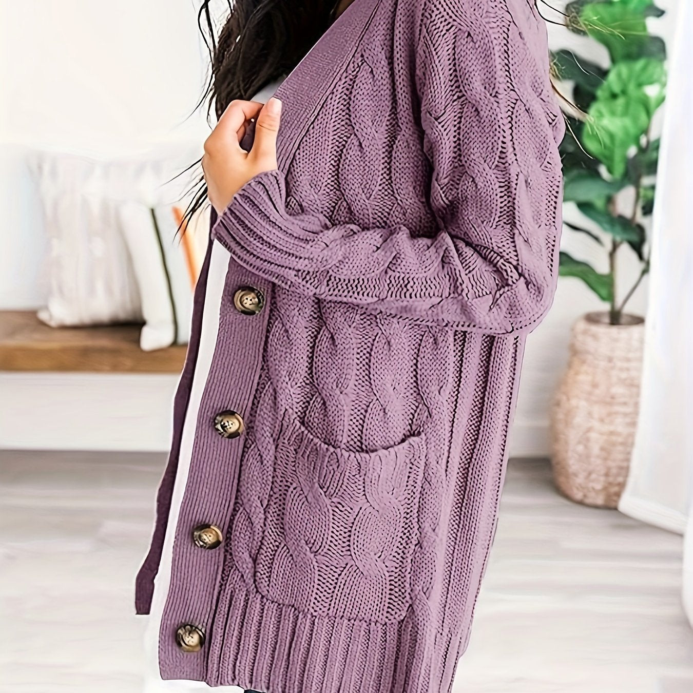 Women’s Cable Knit Longline Cardigan with Pockets