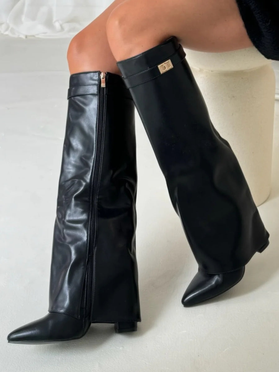 Women's Knee High Block Heel Boots with Side Zip