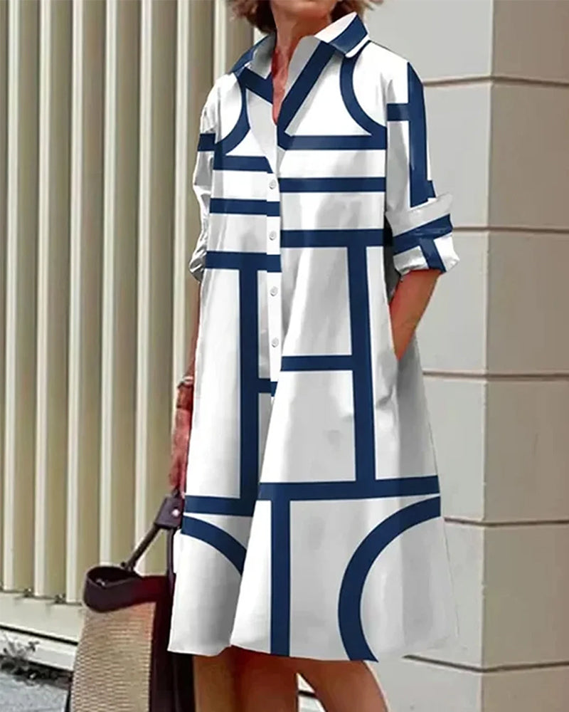 Geometric Print Shirt Dress with Button Front