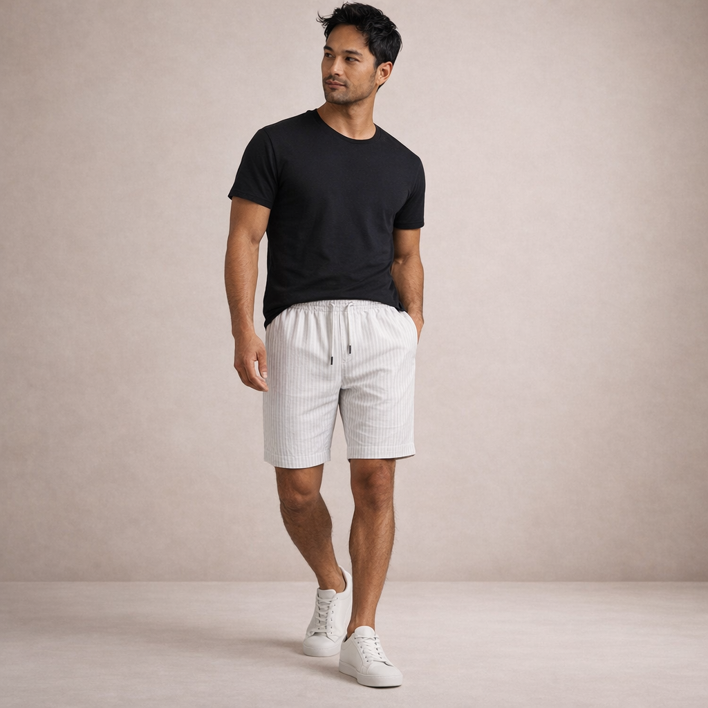 Linen-Blend Drawstring Shorts with Striped Texture