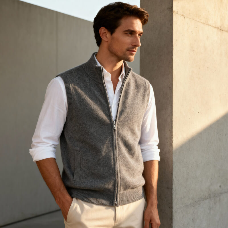 Men's Full-Zip Knitted Gilet with Stand Collar